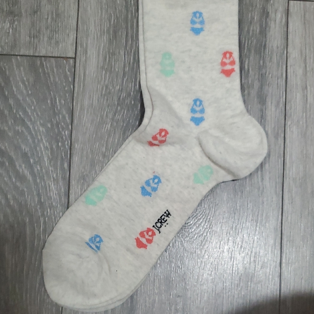 J. Crew Light Gray Grey Red, Blue, and Mint Dot Motif Casual Crew Socks